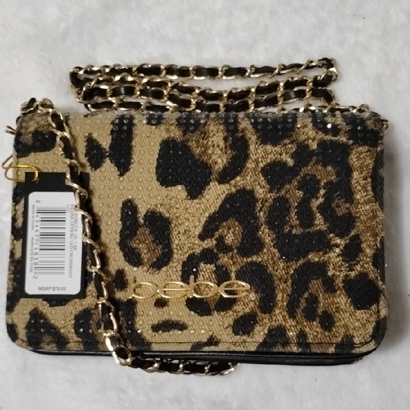 Handbags - BEBE Beaded Texture Leopard Print Chain Bag